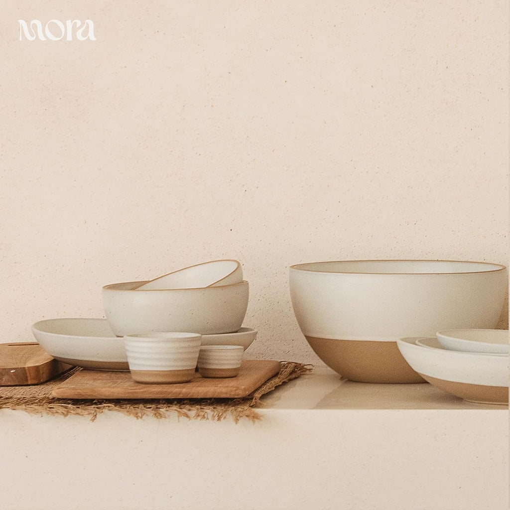 MORA Mega and Giant Bowls Set of 2  5.5 and 3.5 Qt Ceramic Pottery Mixing Bowls - Microwave and Dishwasher Safe - Oat